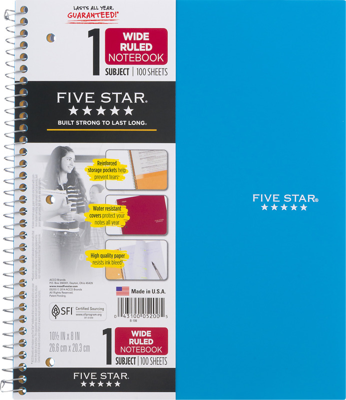 Mead Five Star 1 Subject Wide Ruled Notebook 100 Sheets Mead