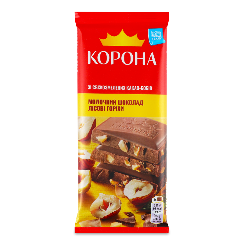 Шоколад молочний з подрібненими лісовими горіхами 85г Корона