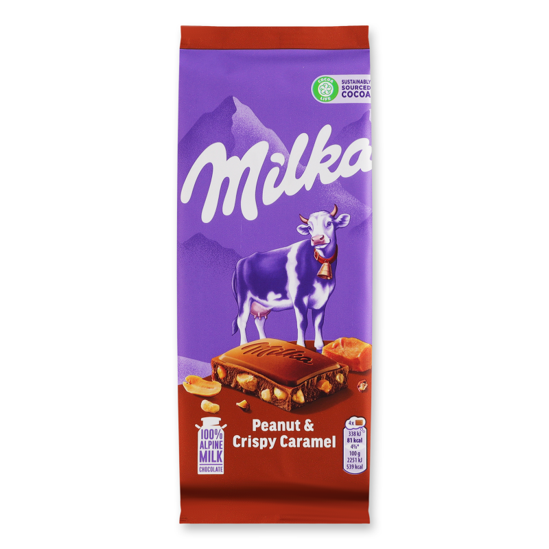 Шоколад молочний з арахісом шматочками хрусткої карамелі рисовими кульками та кукурудзяними пластівцями 90г Мілка