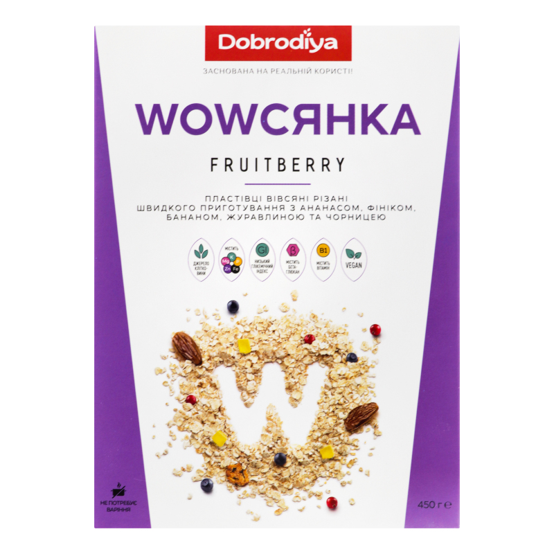 Пластівці вівсяні Fruitberry Wowсянка Dobrodiya к/у