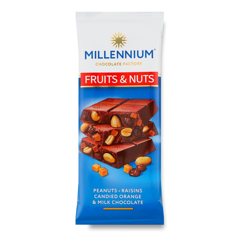 Шоколад Fruits&Nuts молочний з арахісом цукатами родзинками та мигдалем 90г Millennium