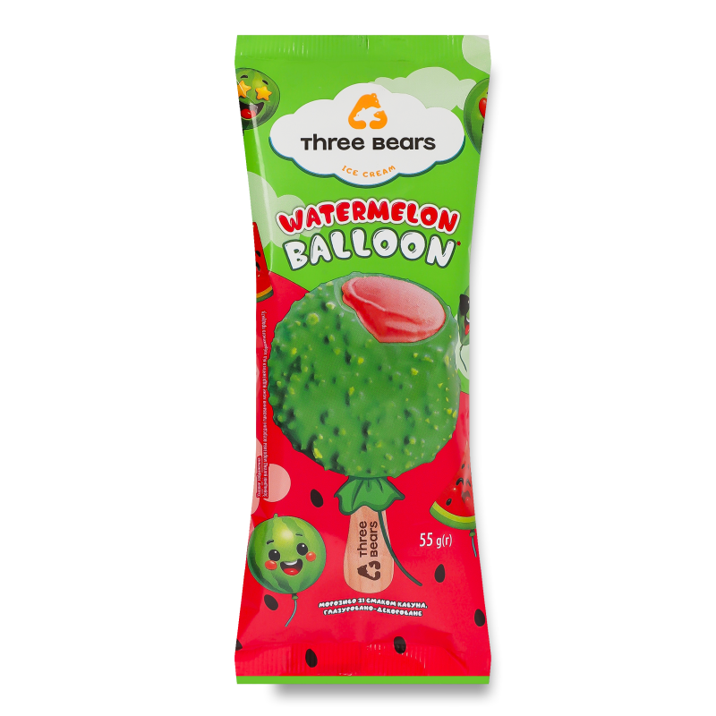 Морозиво Watermelon balloon глазуровано-декороване ескімо 55г Three bears
