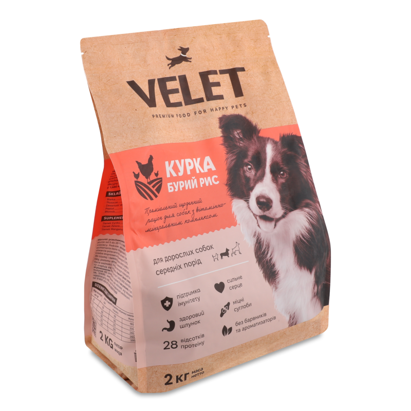 Корм д/дорослих собак середніх порід Преміум з куркою та бурим рисом сухий 2кг Velet