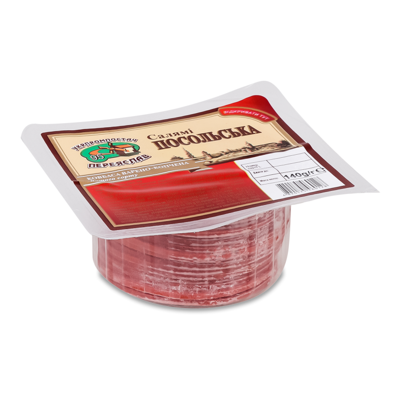 Ковбаса Салямі Посольська в/к в/г нарізка 140г газ/уп Укрпромпостач-95