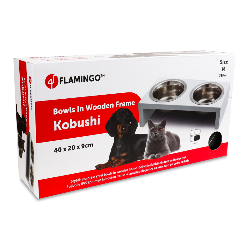 Набір Миска д/тварин Kobushi 2*380мл нержавіюча сталь+Підставка чорна МДФ 40*20*9см Flamingo