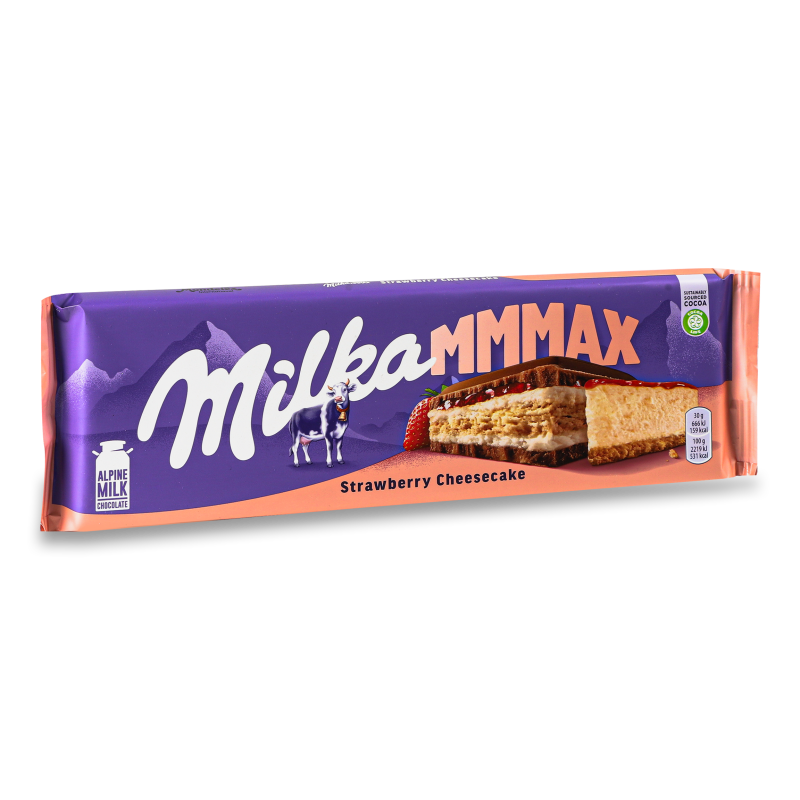 Шоколад МММАХ молочний з начинкою з смаком чізкейку полуничною начинкою та печивом 300г Milka
