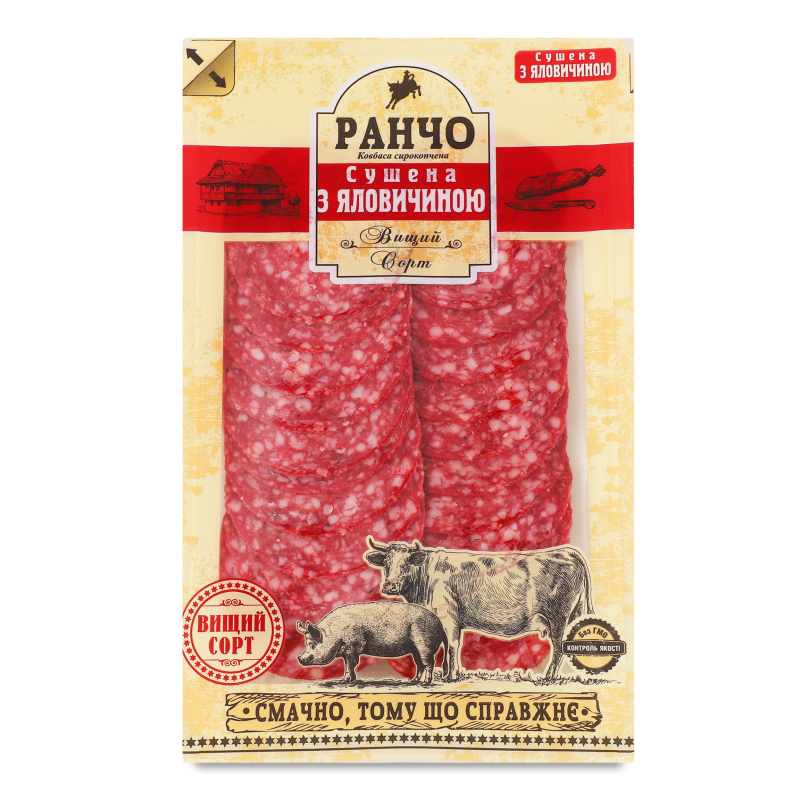 Ковбаса Сушена з яловичиною с/к в/г нарізка 75г газ/уп Ранчо