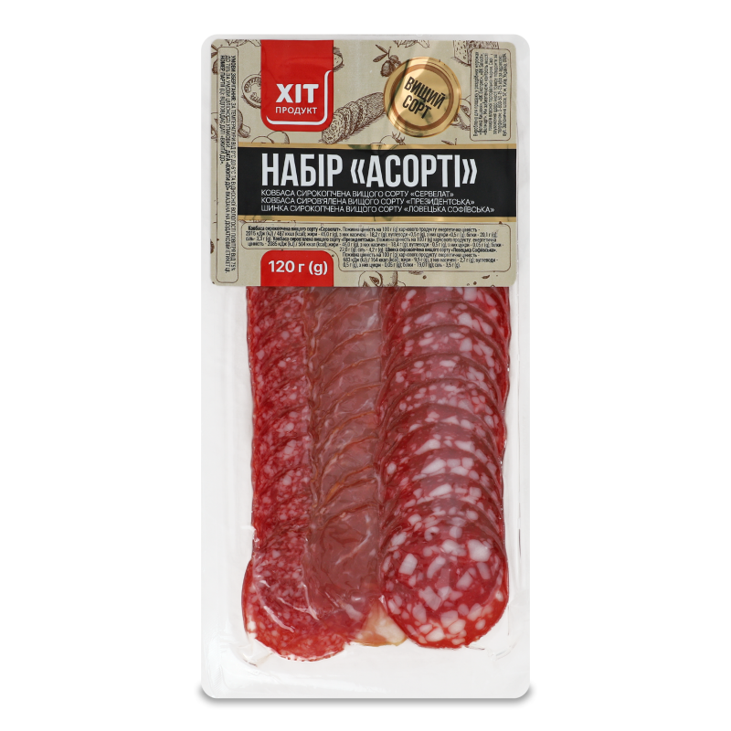 Набір Асорті ковбас с/к та с/в в/г нарізка 120г в/у Хіт Продукт