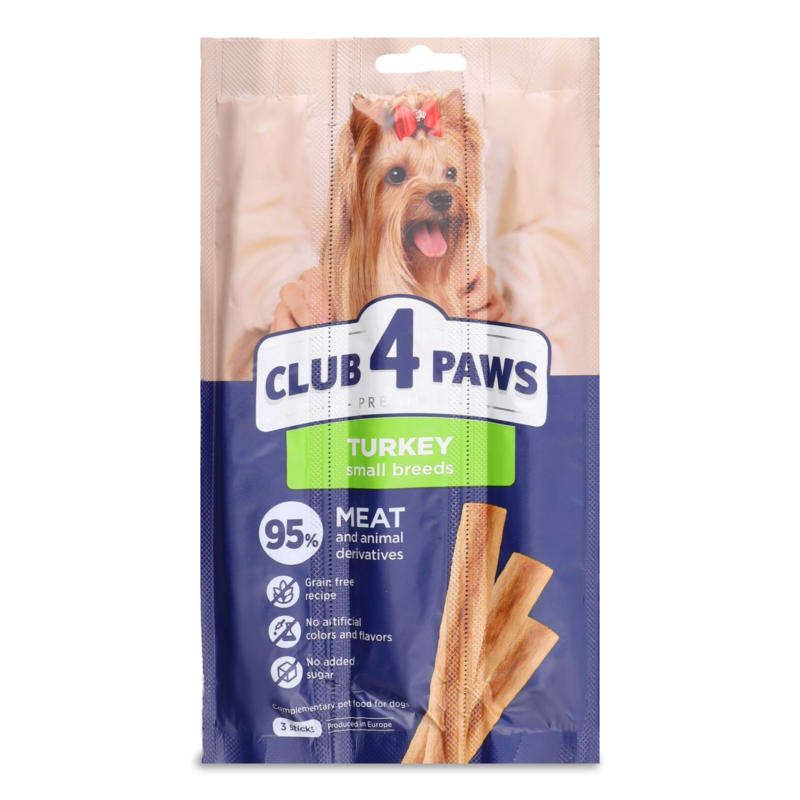 Ласощі д/малих порід собак М’ясна паличка Premium з індичкою 3*12г Club 4 Paws