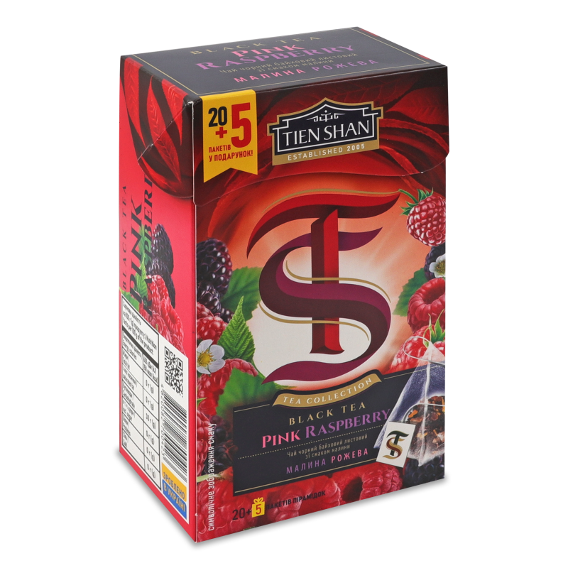 Чай Малина рожева чорний листовий 20*2г в пірамідках Tien Shan