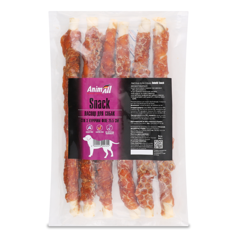 Ласощі д/собак Стік з курячим філе 25,5*3см 6шт 500г AnimAll Snack