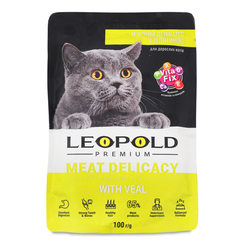 Корм д/котів М”ясний делікатес Преміум з м”ясом телятини 100г Леопольд