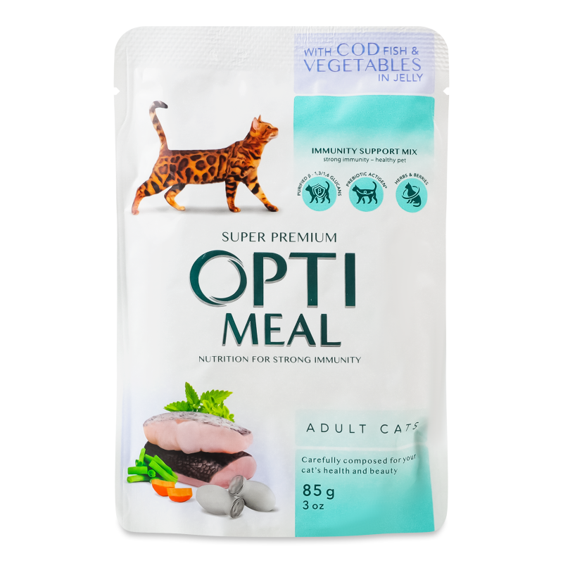 Корм д/дорослих котів з тріскою та овочами в желе 85г пауч Оптіміл