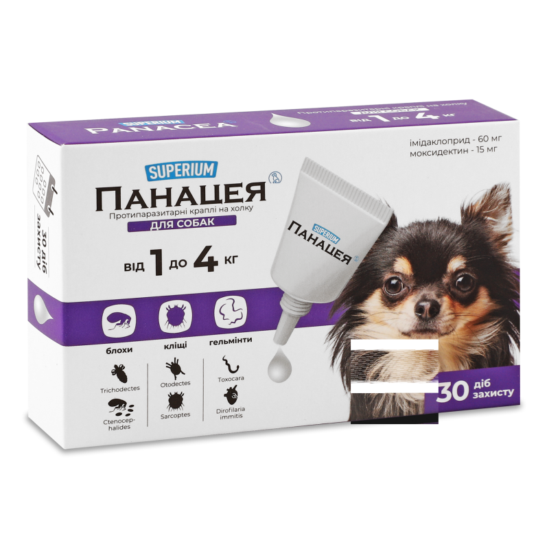 Краплі протипаразитарні д/собак від 1кг до 4кг Панацея 0,5мл Суперіум