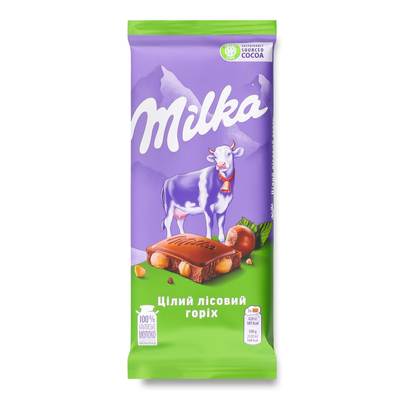 Шоколад молочний з цілим лісовим горіхом 90г Мілка