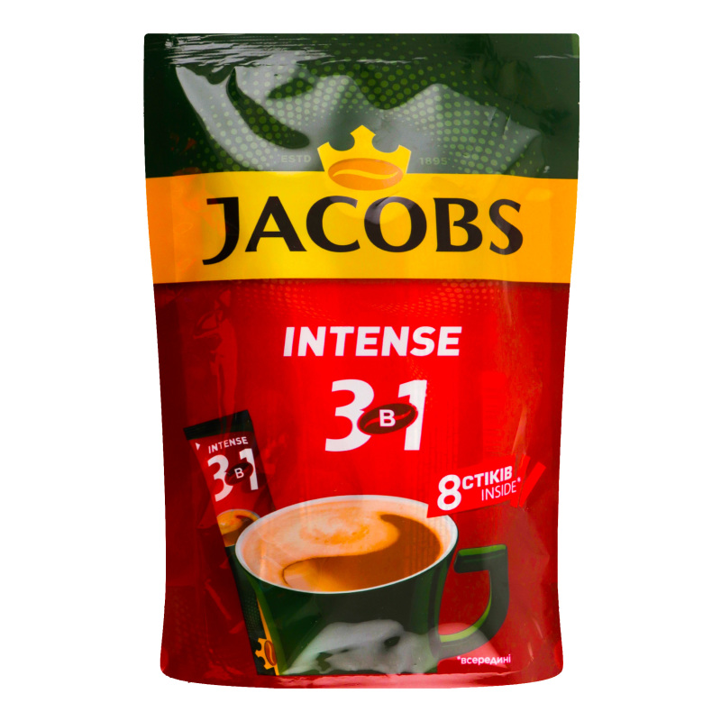 Напій кавовий розчинний з цукром і підсолоджувачами Intense 3в1 Jacobs д/п 8х