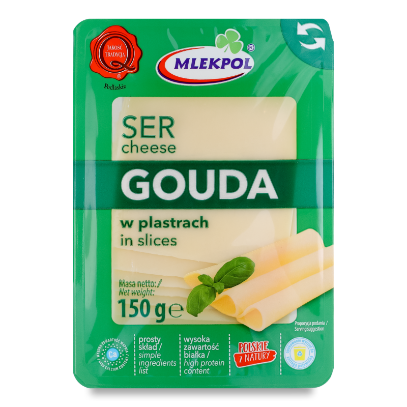 Сир Гауда 45% нарізка 150г газ/уп Mlekpol