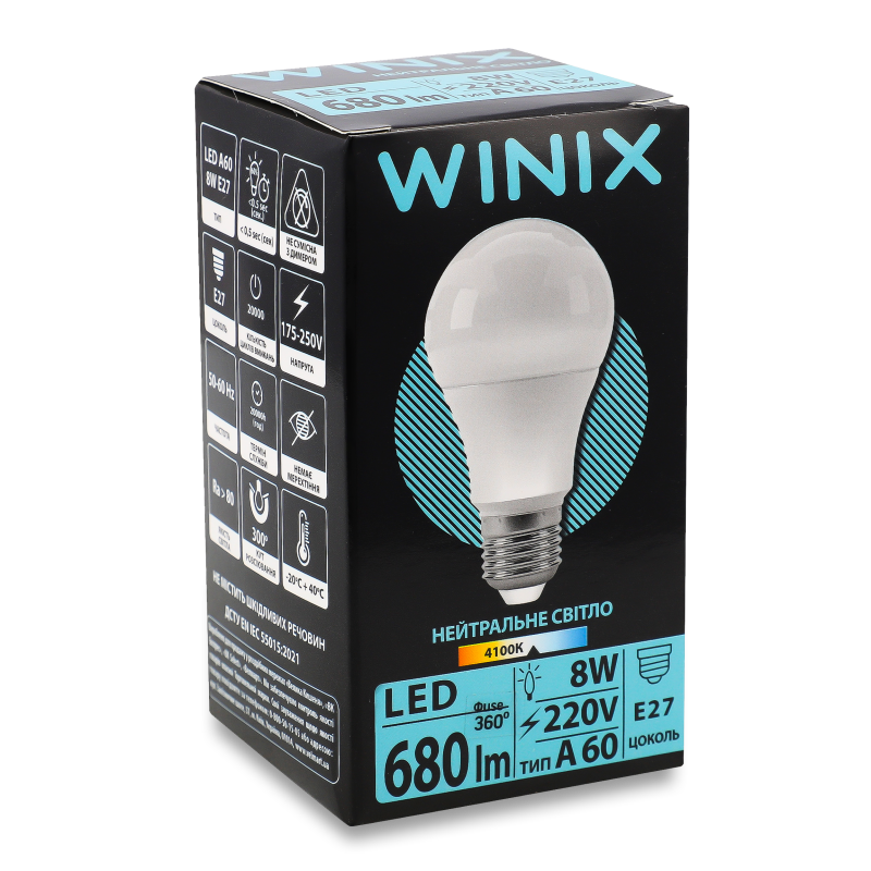 Лампа світлодіодна LED A60 220V 8w E27 4100K Winix