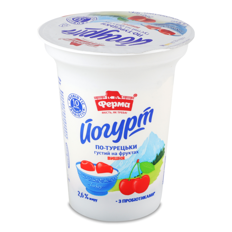 Йогурт По-турецьки на фруктах Вишня 2,6% 280г стакан Ферма