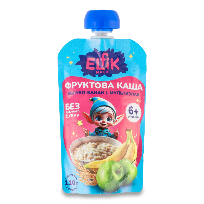 Каша фруктова Яблуко банан та мультизлак від 6місяців 110г пауч Elfik Magic