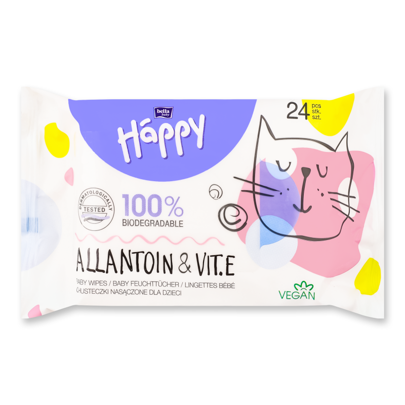 Серветки вологі дитячі з вітаміном Е та алантоїном 24шт Happy