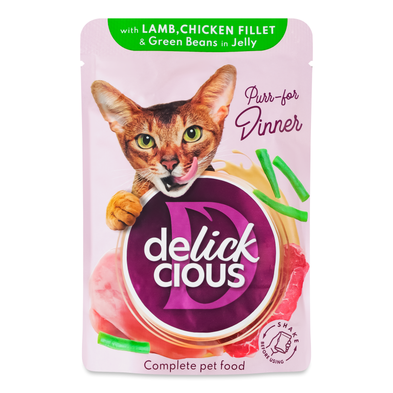 Корм д/дорослих котів Шматочки з ягнятиною курячим філе та квасолею спаржевою в желе 85г пауч Delickcious
