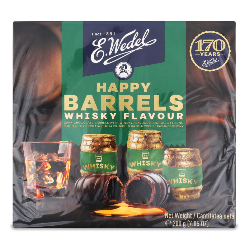 Цукерки Хеппі баррелз з чорного шоколаду з наповнювачем віскі 200г Е. Ведель