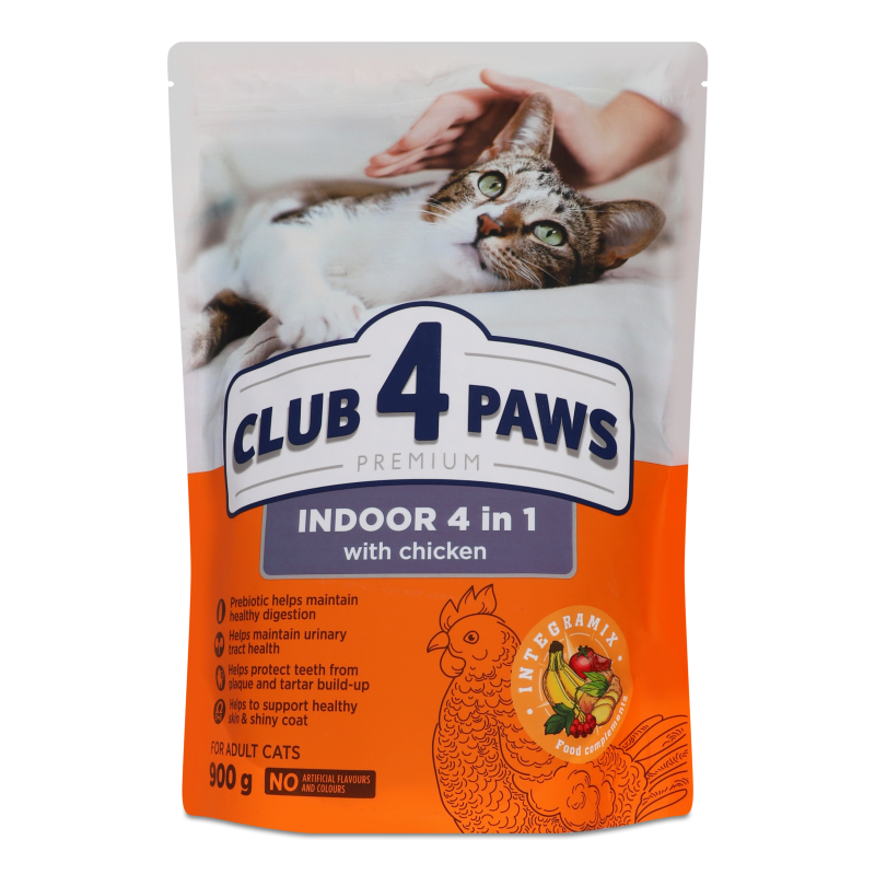Корм д/дорослих котів Преміум Індор 4в1 сухий 900г Клуб 4 лапи