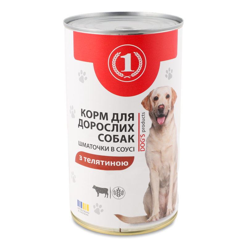 Корм д/дорослих собак Шматочки з телятиною в соусі 1240г ж/б ТМ “1”