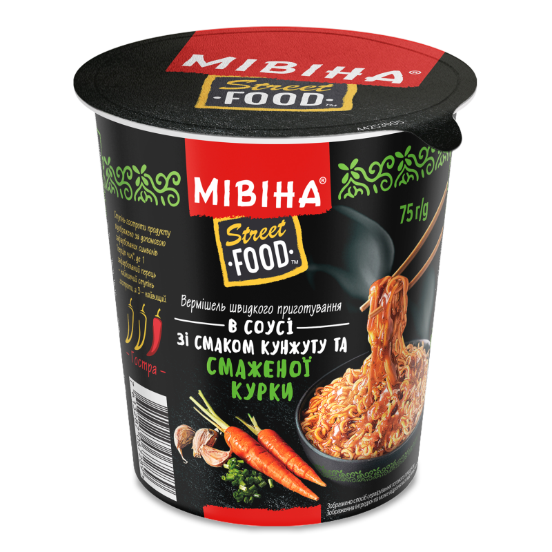 Вермішель швидкого приготування Street Food в соусі з смаком кунжуту та смаженої курки гостра 75г стакан Мівіна