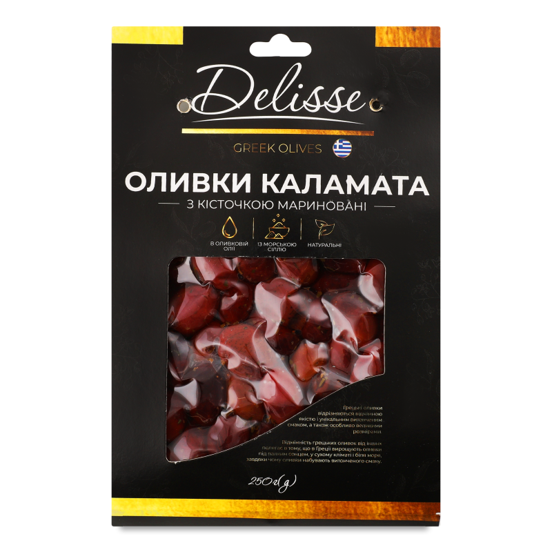Оливки Каламата з/к в оливковій олії 250г в/у Delisse