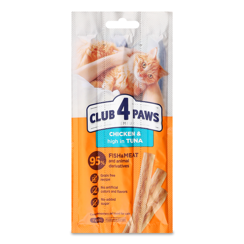 Ласощі д/котів М’ясна паличка Premium Качка та тунець 3*5г Club 4 Paws