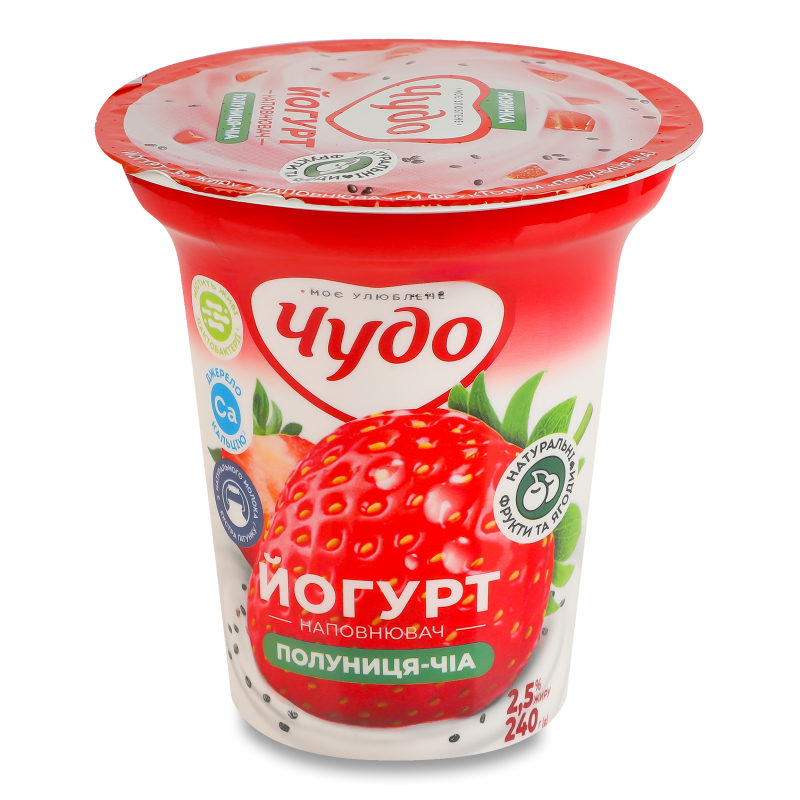 Йогурт з наповнювачем Полуниця-чіа 2,5% 240г стакан Чудо