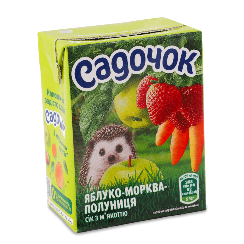 Сік яблучно-морв’яно-полуничний з м’якоттю 0,2л т/п Садочок