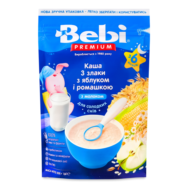 Каша молочна Premium 3злаки з яблуком та ромашкою від 6місяців 200г зіп/пакет Bebi