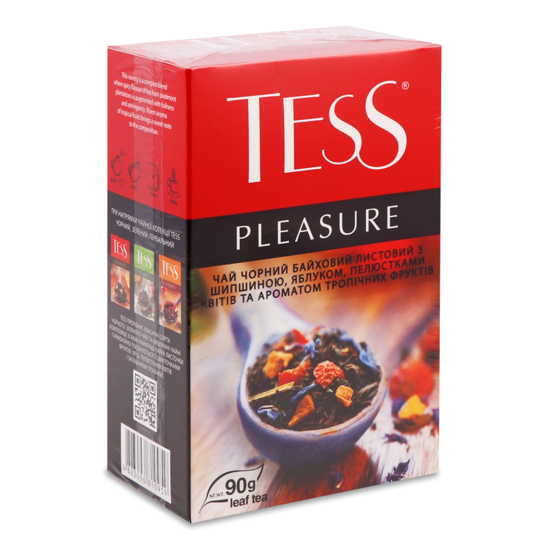 Чай Pleasure чорний з шипшиною яблуком пелюстками квітів та ароматом тропічних фруктів листовий 90г Tess