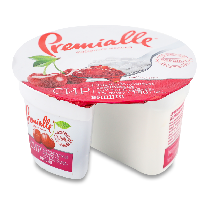 Сир кисломолочний зернистий з наповнювачем Вишня 7% 150г стакан Преміалле