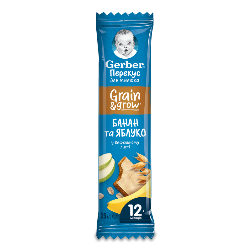 Батончик фруктово-злаковий Банан та яблуко у вафельному листі від 12місяців 25г Gerber
