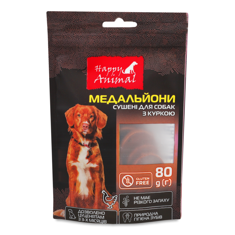 Ласощі д/собак Медальйони з куркою сушені 80г Happy Animal