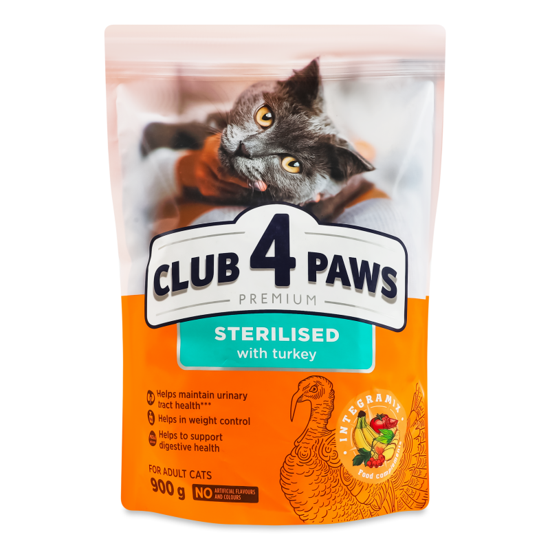 Корм д/дорослих стерилізованих котів Premium з індичкою сухий 900г Club 4 Paws