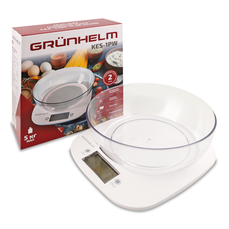 Ваги кухонні білі з чашою до 5кг Grunhelm