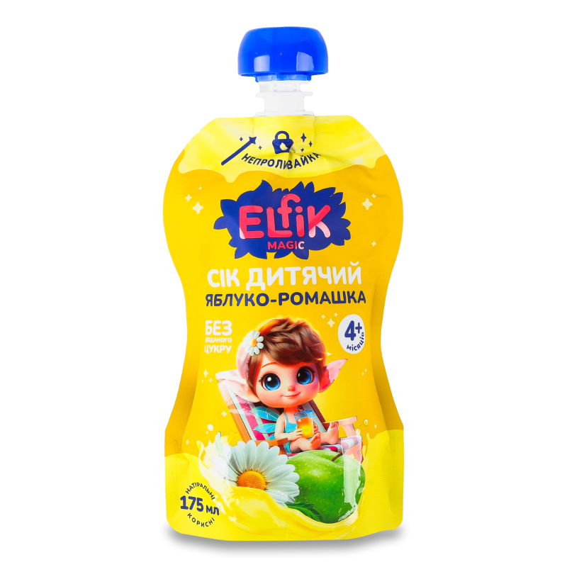 Сік д/дитячого харчування Яблуко-ромашка від 4місяців 175мл пауч Elfik Magic