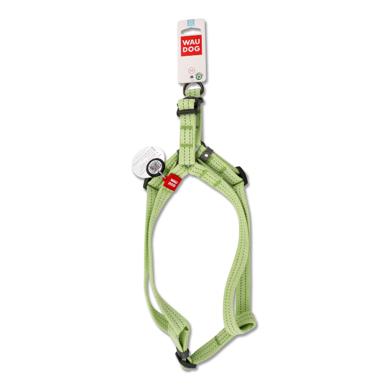 Шлея з QR паспортом салатова відновлена бавовна світловідбиваюча пластиковий фастекс р.M 20мм L50-80см 03325 ВауДог Ре-коттон