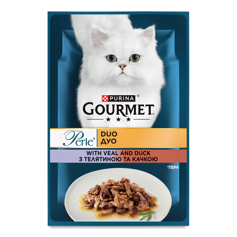 Корм д/котів Perle Duo філе у підливці з телятиною та качкою 85г Gourmet