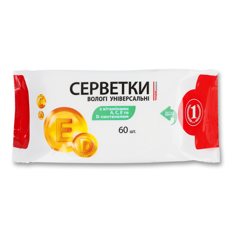 Серветки вологі універсальні з вітамінами А С Е та Д-пантенолом 60шт ТМ “1”