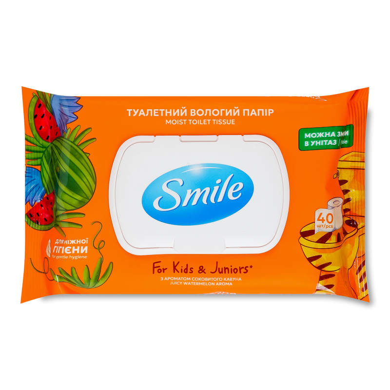 Папір туалетний вологий дитячий з ароматом соковитого кавуна 40шт з клапаном Smile