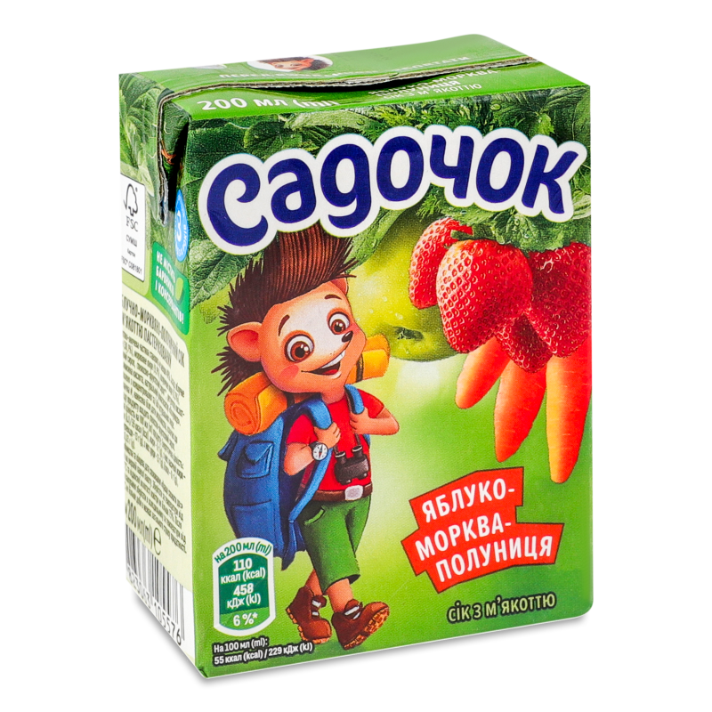 Сік яблучно-морв’яно-полуничний з м’якоттю 0,2л т/п Садочок