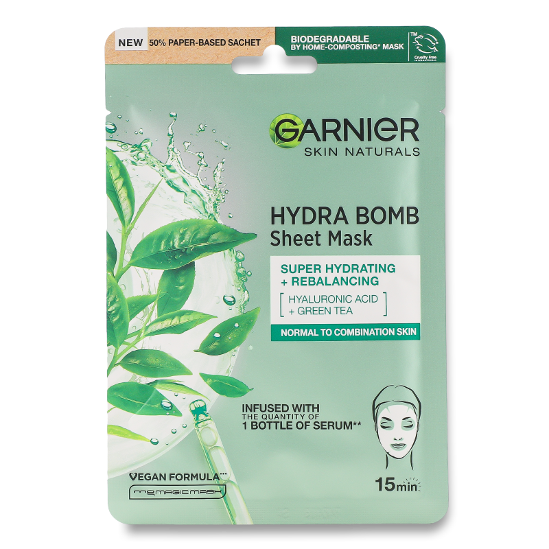 Маска д/обличчя Скін Нейчералз Аква Бомба Зволоження+Свіжість д/нормальної та комбінованої шкіри тканинна 28г Гарньє