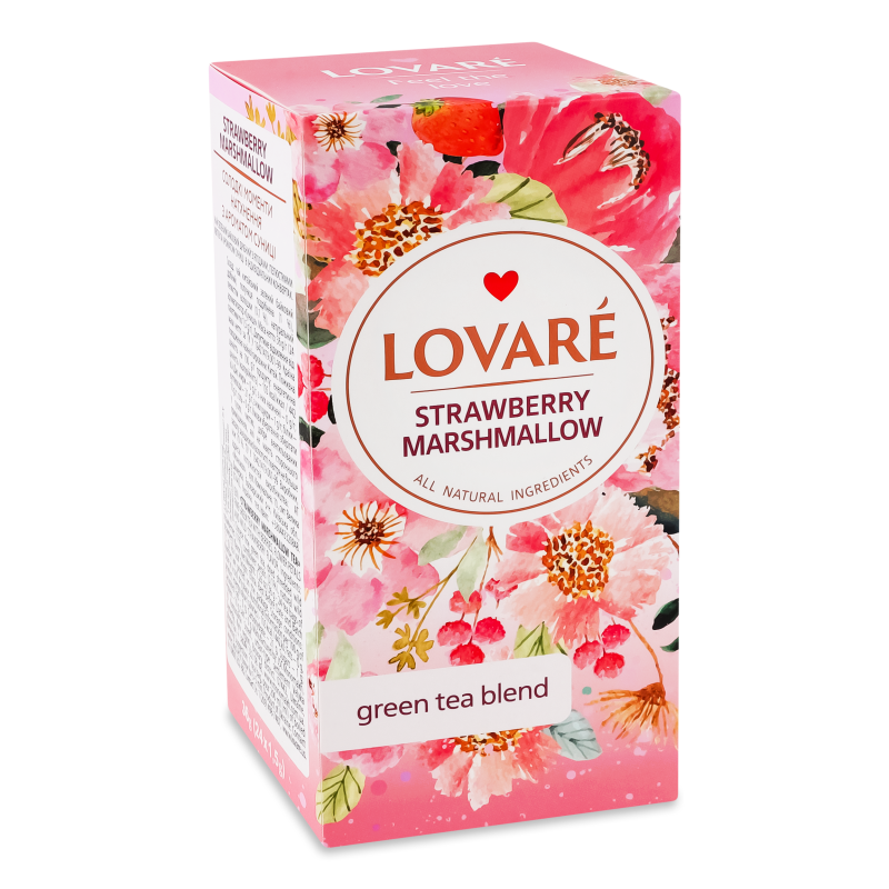 Чай Полуничний зефір зелений з ягодами пелюстками квітів та ароматом суниці 24*1,5г Ловаре