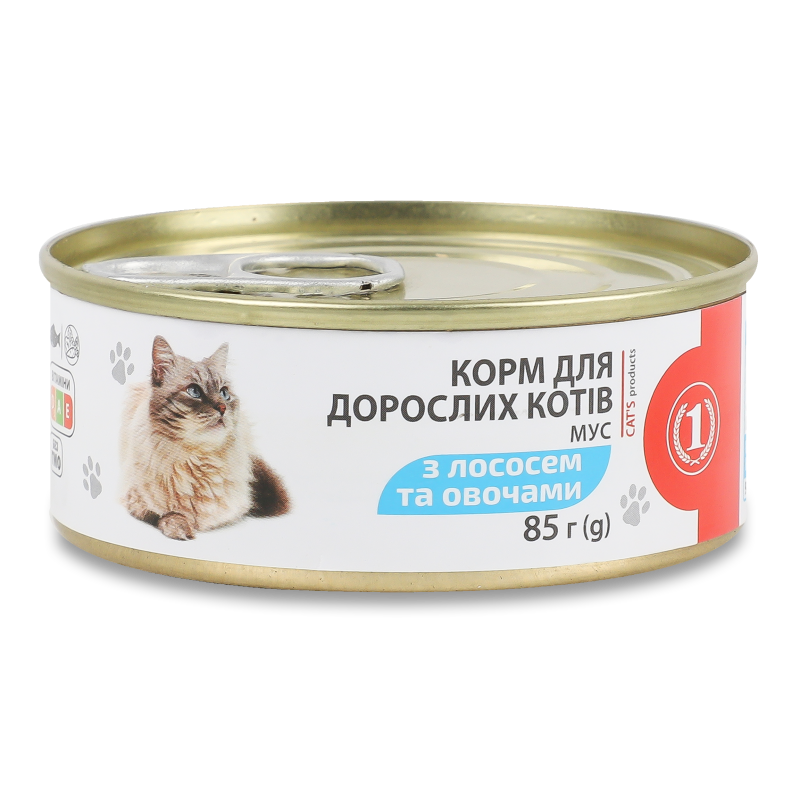 Корм д/дорослих котів Мус з лососем та овочами 85г ж/б ТМ “1”